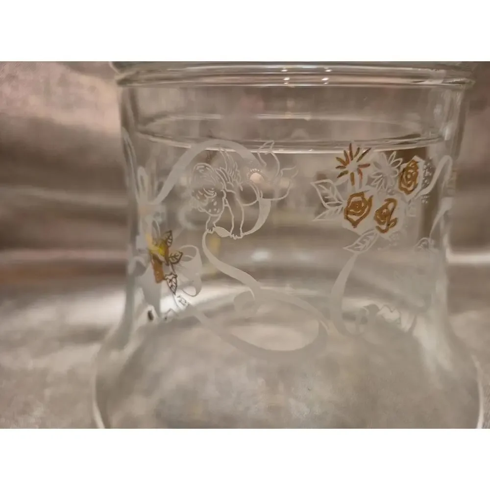 VTG Xmas Glass Bell Shaped Lidded Candy Dish Ribbons Roses Gold Bells Cherubs 7”